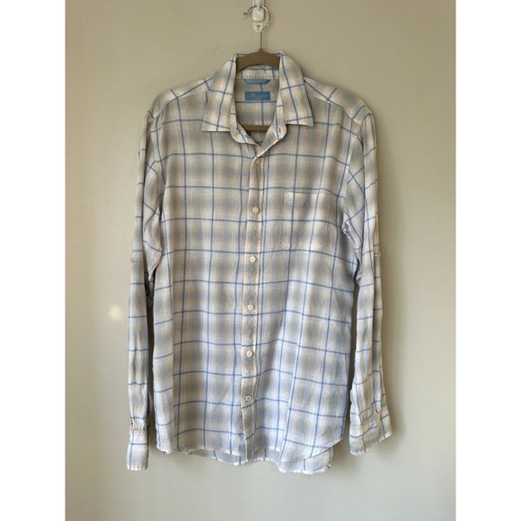 Toscano Aqua Mens M Medium White Blue Tan Plaid Button Down Dress Shirt 100% Lin - Picture 2 of 4